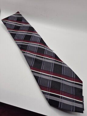 Pronto Uomo Mens Black Plaid Silk Tie With Red & Gray Stripes 58" Handmade